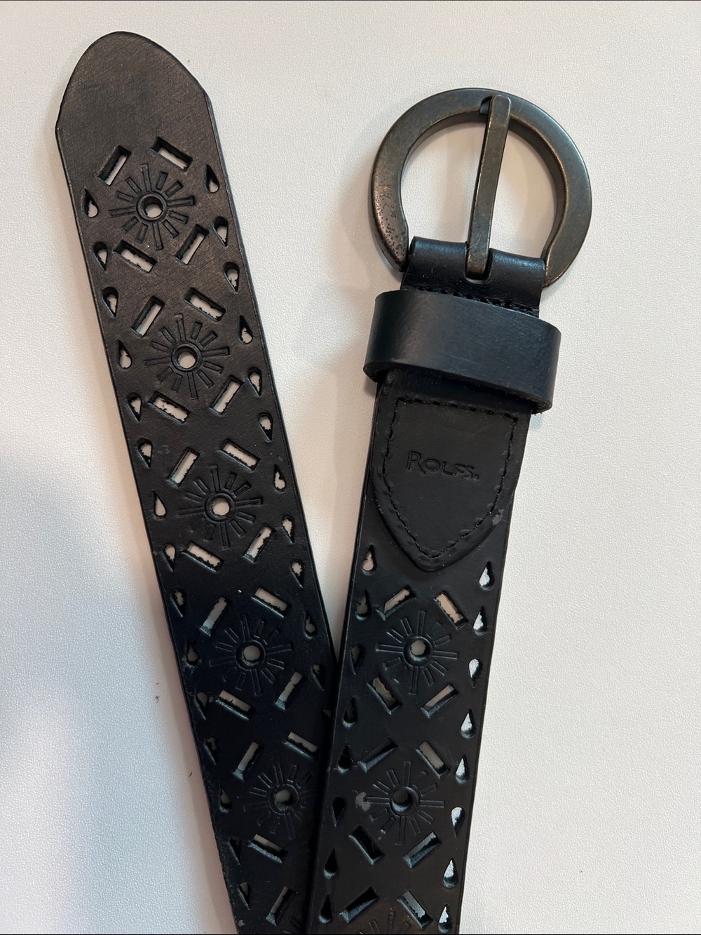 Rolfs - Black Leather Belt with Round Metal Buckle, floral, daisy, sun embossed